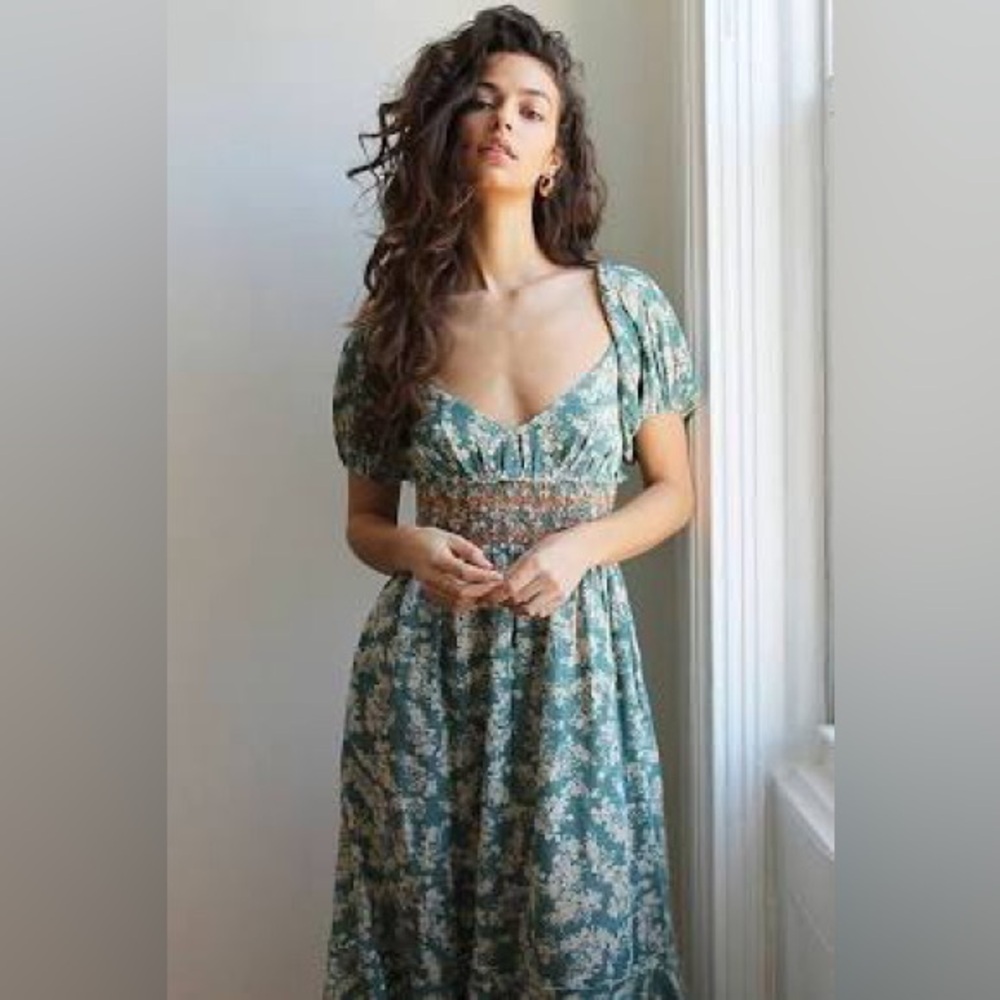 Free People Ellie Printed Midi Dress – Green – Size XS – Smocked Bodice Gauze
